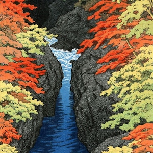 Impresión de arte japonés "Azuma Gorge" de Kawase Hasui, bloque de madera, giclée, impresión, arte cultural, arte asiático, otoño, hojas, montaña, corriente