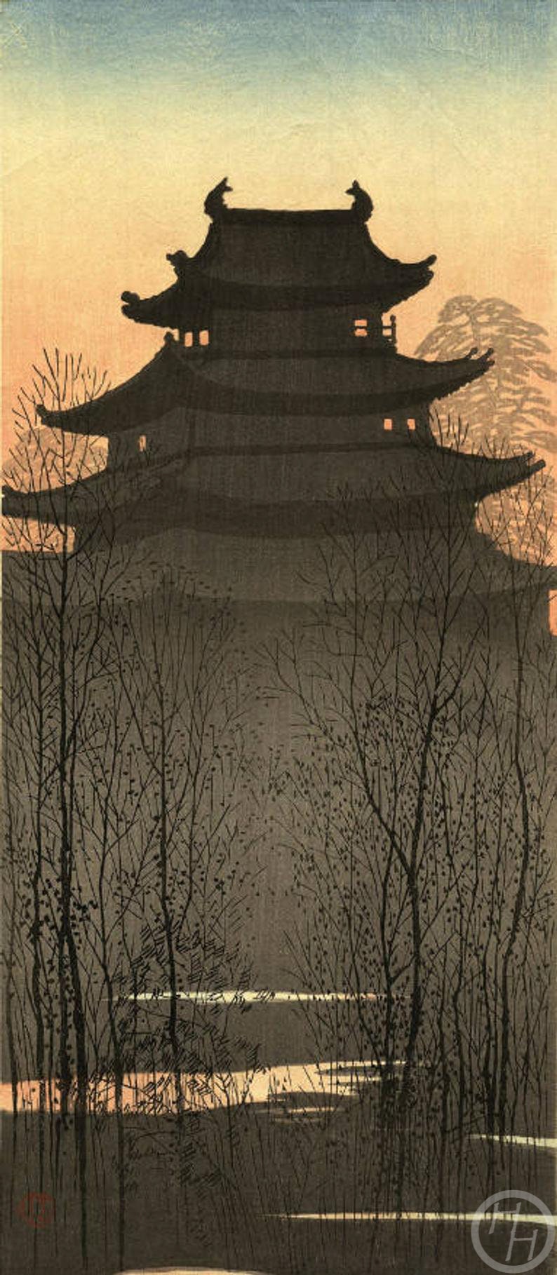 Japoński wydruk artystyczny „Zamek Hirosaki” autorstwa Konen Uehara, drzeworyt, giclée, wydruk, sztuka azjatycka, sztuka kulturowa, Japonia, zmierzch, zachód słońca