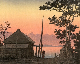 川瀬巴水作「浅尾の夕暮れ」、木版画、ジクレー、版画、アジア