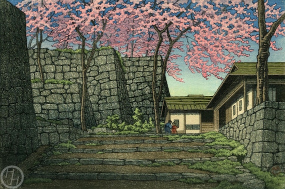 川瀬巴水作「白河城跡の桜」木版画、ジクレー、版画、文化芸術、歴史的