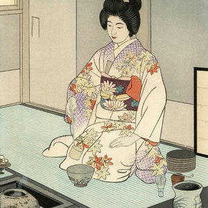 Impresión de arte japonés &quot;Ceremonia del té&quot; de Kasamatsu Shiro, bloque de madera, giclée, impresión, bellas artes, arte asiático, arte cultural, tradicional, kimono