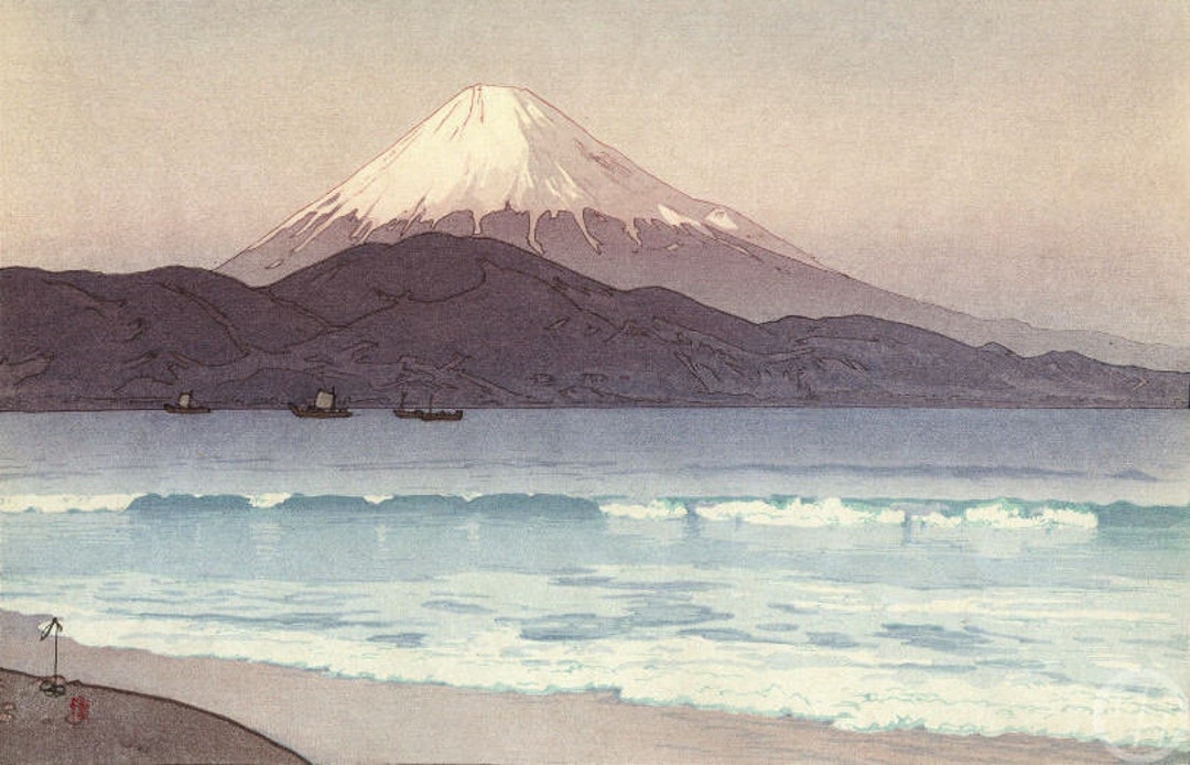 吉田博による日本のアートプリント「三保からの富士山」、木版画