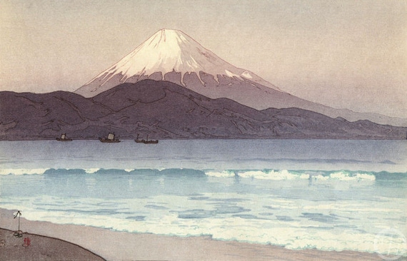 ほてはまたかしさん絵画 川瀬巴水作「ツツジ園から見た富士山」、木版画、ジクレー、版画