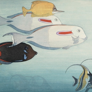 Japanese Art Print &quot;Fishes of Honolulu&quot; by Ohara Koson, woodblock, giclée, print, fine art, asian art, cultural art, aquatic, butterflyfish
