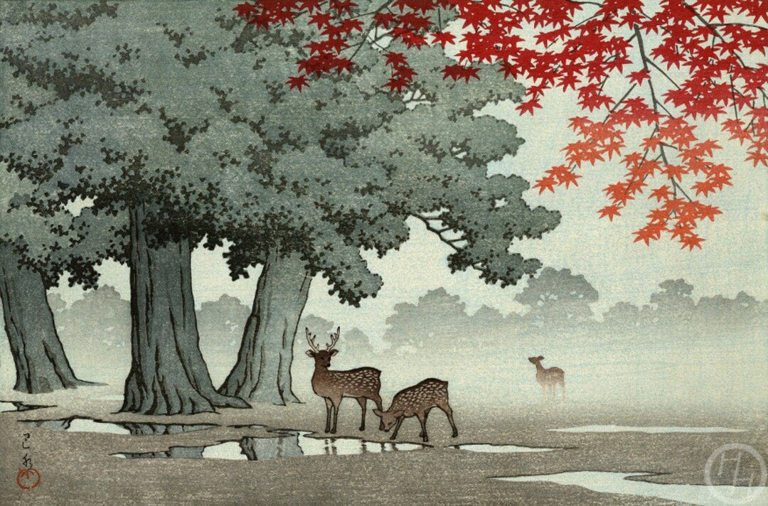 川瀬巴水による日本のアートプリント「奈良公園」、木版画