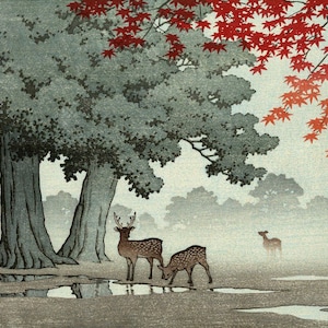 Japanese Art Print &quot;Nara Park&quot; by Kawase Hasui, woodblock, giclée, print, Asian art, landscape, Autumn, leaves, Deer, park