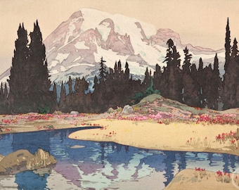 Japanese Art Print &quot;Mt. Rainier (Reniya-Yama)&quot; from the American Series by Yoshida Hiroshi, woodblock, giclée, print, Washington State