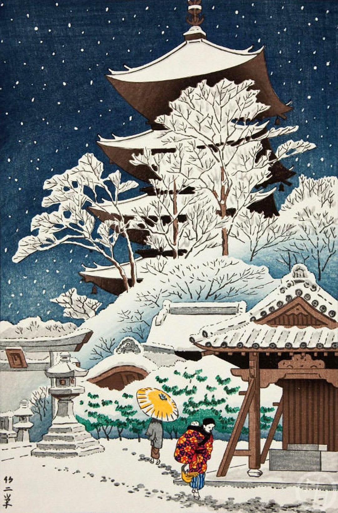 浅野武二による日本のアートプリント「東寺の雪」、木版画