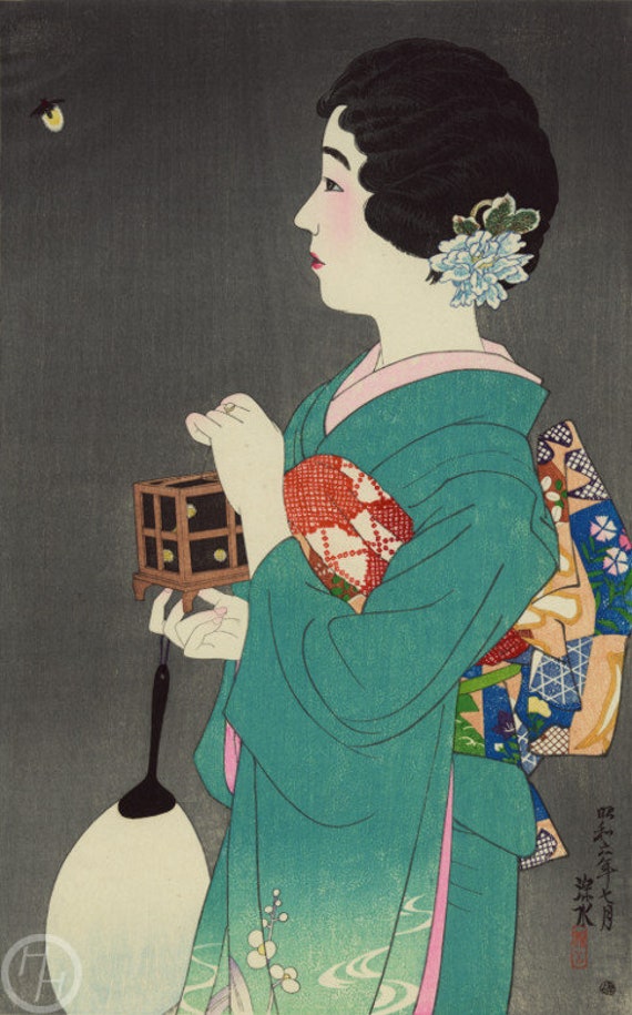 日本画 伊藤深水作「蛍狩り」日本画、木版画、ジクレー、版画、美術、アジア