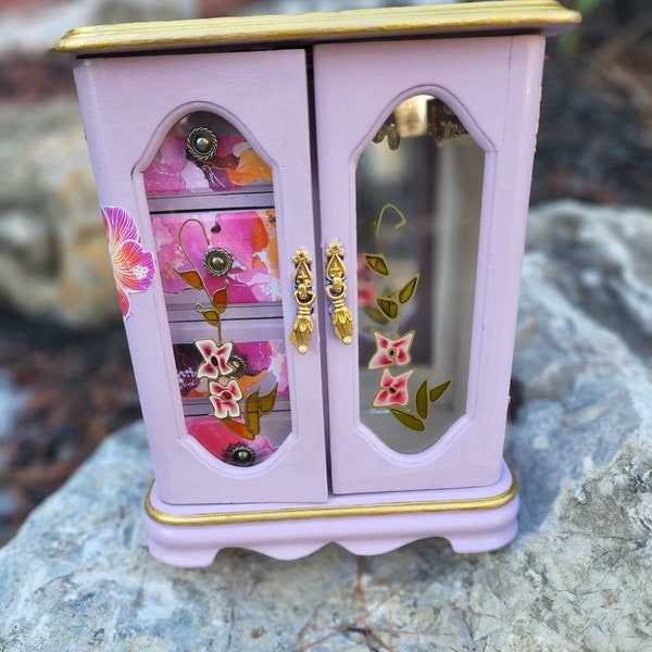 Upcycled  Vintage Wood Jewelry  Armoire Girls Women Box / Shabby Chic Cottage French  /Orange Flowers Lilac Chalk Paint Gold Trim