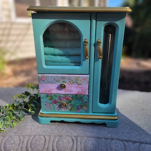 Restored Rare Wood Vintage  Jewelry  Mint Armoire Women Girls Box upcycled in Shabby Chic Flowers, Chalk Paint Gold Trim