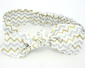 Baby girl striped knot headband, hair bow for baby toddler and women, gold and silver stripes on white cotton fabric, topknot hair accessory