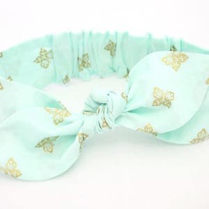 Gold Butterflies baby girl knot headband, hair bow for baby toddler and women, gold butterflies on mint green cotton, topknot hair accessory
