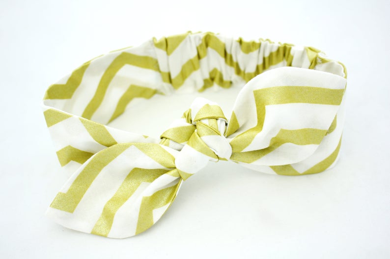 Gold striped baby girl knot headband, hair bow for baby toddler and women, gold stripes on white cotton fabric, topknot hair accessory image 1