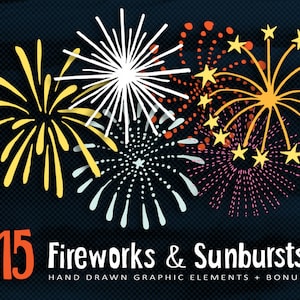 Fuegos artificiales Clipart. Conjunto de arte de clip vectorial de fuegos artificiales. Iconos. Tarjetas. Celebración de la fiesta de Año Nuevo descarga instantánea digital.