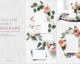 Styled stock photography. Wedding stationery mockups. Quote mockups. Wedding invitations. Flat lay stock. Roses, eucalyptus, flowers. Cards.