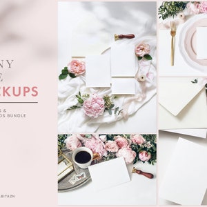 Fotografia de arquivo estilizada. Maquetes de papelaria para casamento. Cite maquetes. Convites de casamento. Estoque plano. Peônias, flores rosas. Cartões.