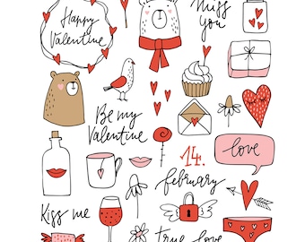 Könnte beinhalten: Eine handgezeichnete Illustration von Valentinstag-Motiven, darunter Herzen, ein Bär, ein Vogel, ein Cupcake, eine Geschenkbox, eine Flasche, ein Schloss, ein Schlüssel und der Text "Happy Valentine", "Miss you", "Be my Valentine", "14. Februar", "love", "Kiss me" und "true love".