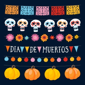 Dia de los Muertos. Clipart de Halloween. Conjunto de imágenes prediseñadas. Bunting Clip Art. Partido. Otoño. Caída.  Calabazas. Archivos Png. Descarga instantánea.