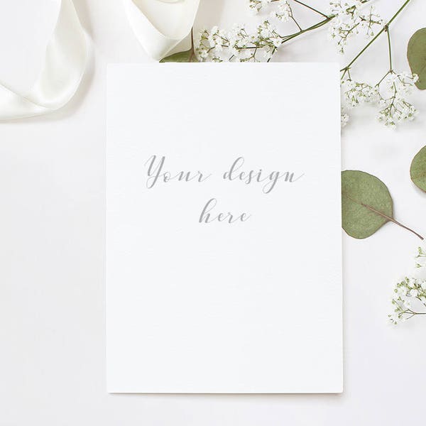 Styled stock photography. Wedding stationery mockup. Quote mockup. Wedding invitation. Flat lay stock. Eucalyptus, flowers. Vertical card.