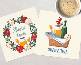 Rosh Hashanah Greeting Cards, invitations. Printable Sahana Tova Card Templates. Jewish New Year. Greeting cards. Instant Download.
