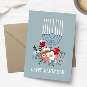 Joyeux Hanoukka carte de voeux, carte imprimable de Hanoukka, Chanuka, toupies, Donut, fête juive. Carte de voeux numérique. Téléchargement instantané.
