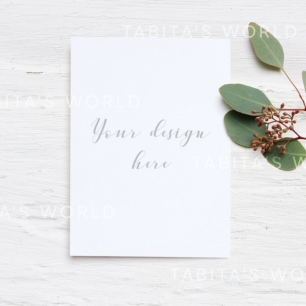 Styled stock photography. Wedding stationery mockup. Quote mockup. Wedding invitation. Flat lay stock. Eucalyptus. Vertical card, A6, A5.