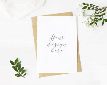 Styled stock photography. Wedding stationery mockup. Quote mockup. Wedding invitation. Flat lay stock. Leaves, flowers. Vertical card.