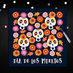 Cartão do Dia dos Mortos. Convites do Dia de los Muertos. Modelo para impressão. Flores. Caveiras de açúcar. Cartões comemorativos. Download instantâneo.