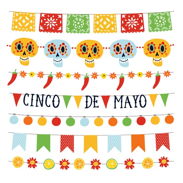 Cinco de Mayo. Mexican Clipart. Bunting clipart set. Bunting Clip Art. Party. Skulls, bunting flags, flowers. Png files. Instant Download.