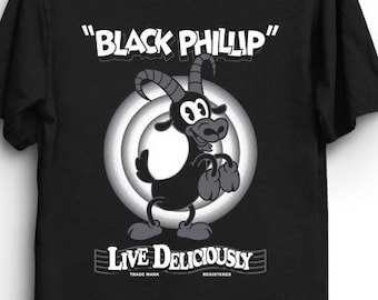 Live Deliciously - Vintage Cartoon Black Phillip T-Shirt | Occult Goth Shirt | Witch Slogan T-shirt