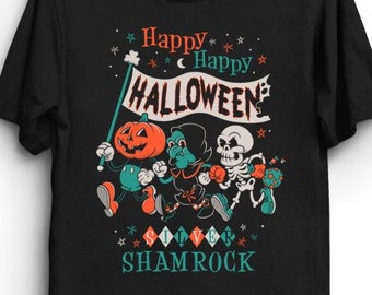 Happy Halloween Vintage Cartoon T-Shirt - Silver Shamrock Shirt - Creepy Cute Pumpkin Witch and Skeleton Tee