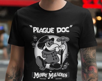 Merry Maladies Vintage Cartoon Plague Doctor T-Shirt - Rubber Hose Vintage Cartoon Shirt - Creepy Cute Goth Macabre Occult Tee