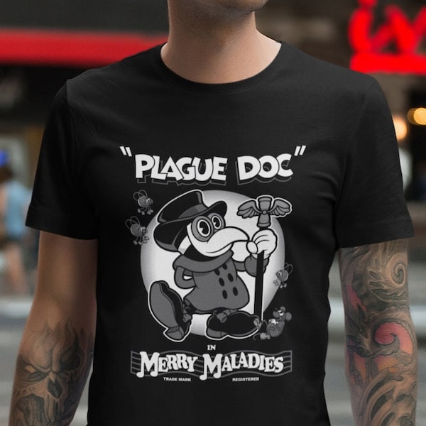 Merry Maladies Vintage Cartoon Plague Doctor T-Shirt - Rubber Hose Vintage Cartoon Shirt - Creepy Cute Goth Macabre Occult Tee