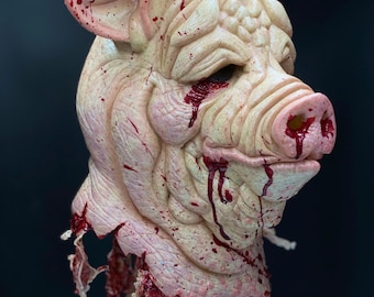 Máscara de cerdo de látex de terror de Porkchop Piggy Man: máscara de carnicero de cabeza completa aterradora para Halloween y cosplay