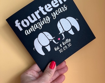 14th anniversary card, ivory anniversary card, 14 year personalised anniversary card, elephant, fourteen years, 14th anniversary, happy 14th
