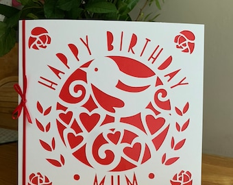 Personalised robin birthday card, name card, hearts and bird, custom name card, personalised papercut card, robin card, bird card