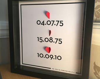 3D hearts, special dates, Anniversary gift, Special date print, 3D, Personalised, wedding gift, Wall art, Box Frame, Valentine's Day gift