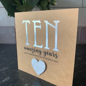 Tarjeta del décimo aniversario, tarjeta de aniversario de estaño, tarjeta de aniversario personalizada de 10 años, Estaño, Diez años, 10º aniversario, feliz 10º