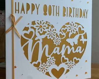 Personalised birthday card, name card, hearts &  butterfly, custom name cards, personalised papercut card, fully customisable birthday card