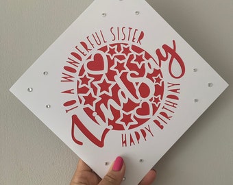 Personalised birthday card, name card, hearts and stars, custom name cards, personalised papercut card, fully customisable birthday card