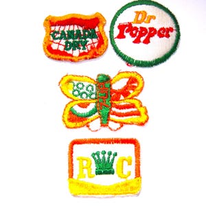 4 vintage Cola Soft Drink theme Patches • 7-Up, Dr. Pepper, R C, Canada Dry
