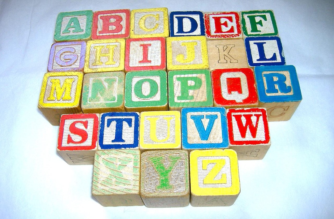 26 Vintage Wooden Alphabet Blocks, Complete A Thru Z in a Small