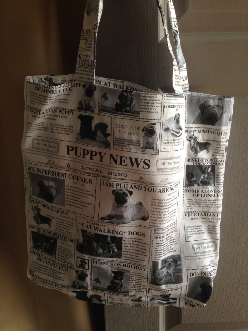Gift for her. 38 cm x 38 cm inside pocket Weekend Bag Tote Bag beach bag Yoga Bag Reusable shopping bag Puppy Newspaper Print Tote