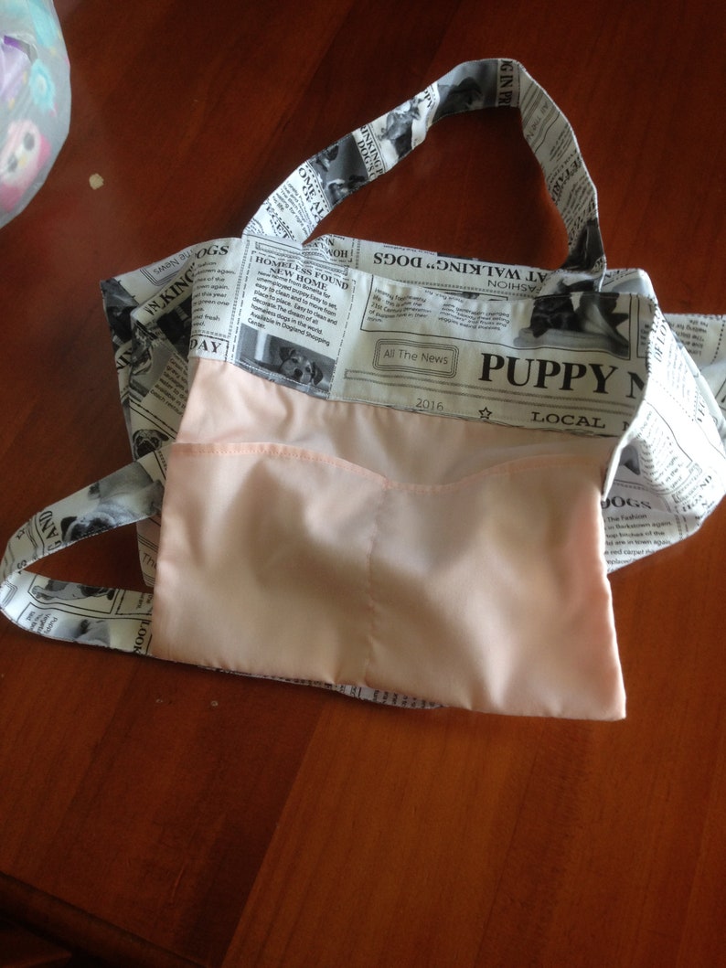 Gift for her. 38 cm x 38 cm inside pocket Weekend Bag Tote Bag beach bag Yoga Bag Reusable shopping bag Puppy Newspaper Print Tote