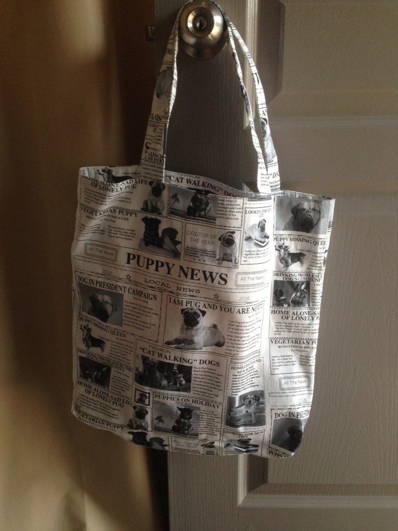 Gift for her. 38 cm x 38 cm inside pocket Weekend Bag Tote Bag beach bag Yoga Bag Reusable shopping bag Puppy Newspaper Print Tote