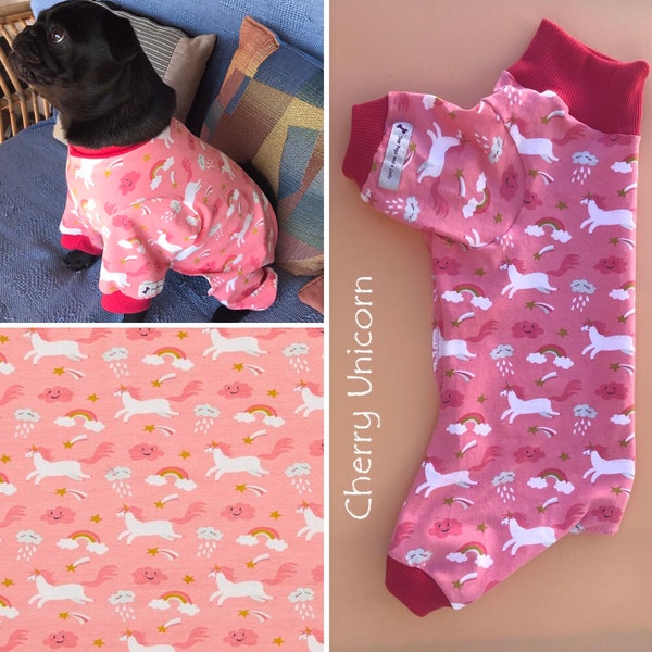 Dog Onesie, Dog Pajamas, Dog Pjs with Ribbed Pink Leg Cuffs and Collar, available in a number of fabrics and sizes. Dog pyjamas, Dog Onesie.