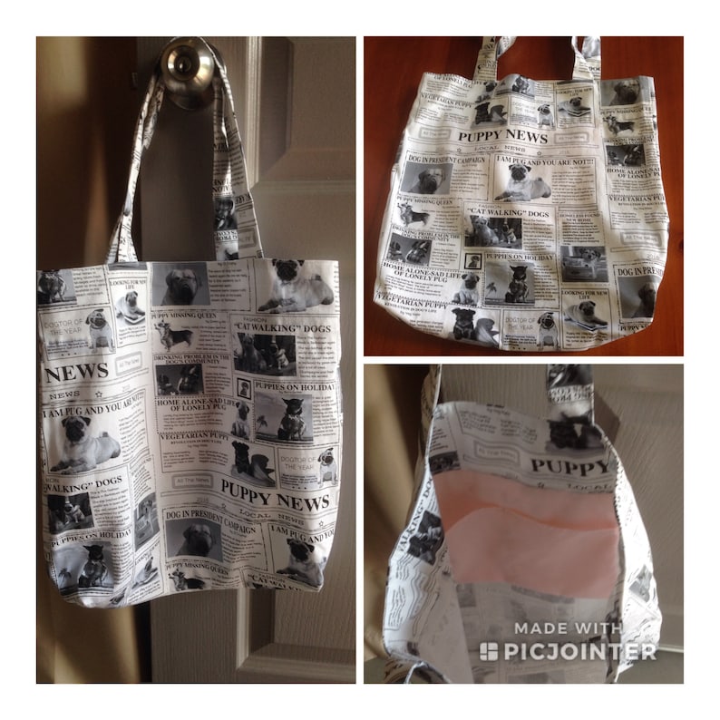 Gift for her. 38 cm x 38 cm inside pocket Weekend Bag Tote Bag beach bag Yoga Bag Reusable shopping bag Puppy Newspaper Print Tote