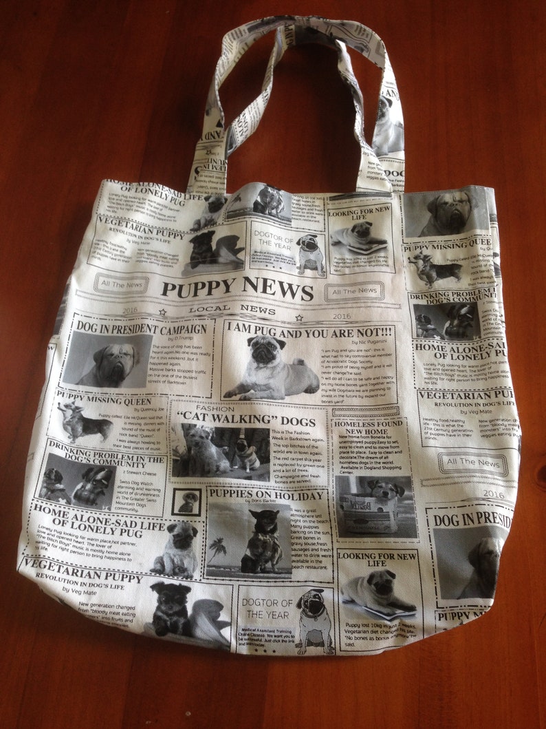 Gift for her. 38 cm x 38 cm inside pocket Weekend Bag Tote Bag beach bag Yoga Bag Reusable shopping bag Puppy Newspaper Print Tote