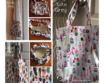 Feathers Print Bags - Fully Lined Cross Body Bag with front pocket, 22 cm x 26 cm. Tote bag 38 cm x 38 cm, inside pocket, Gift for Her.